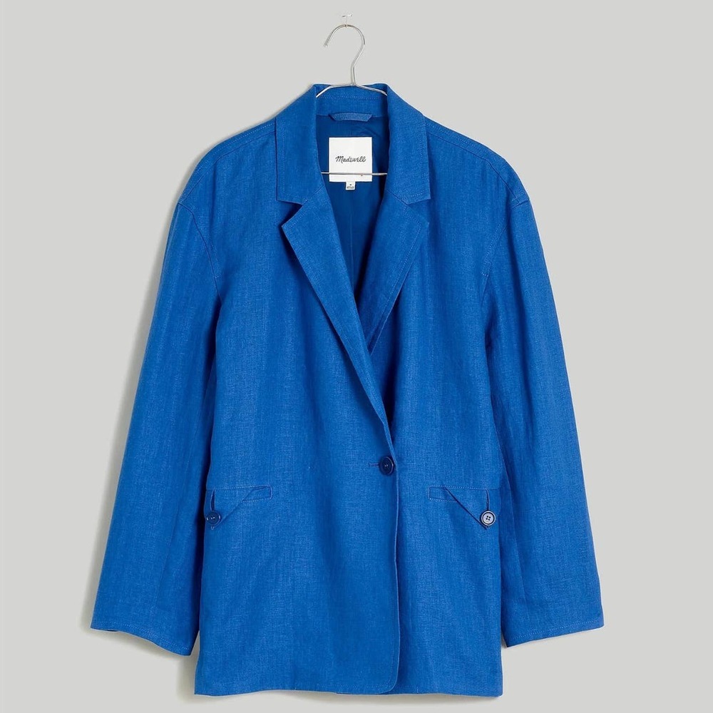 Madewell Blue Oversized 100% Linen Bouble-breasted Crossover Blazer